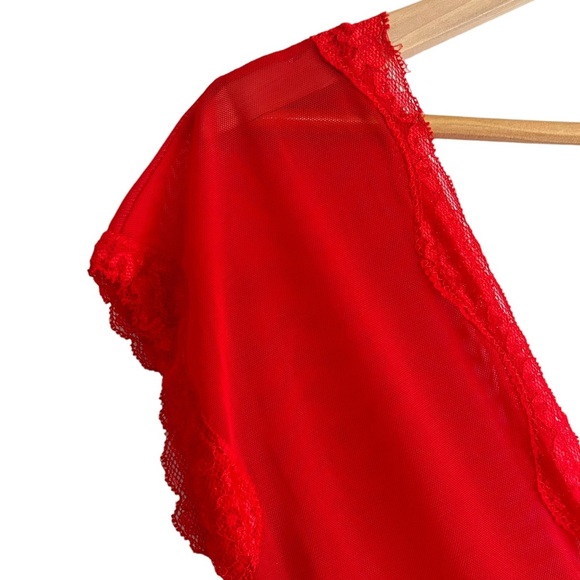 Coquette Red Long Sheer Lace Detail  Women's V Neck Nightie Dress Size Small - Picture 3 of 8